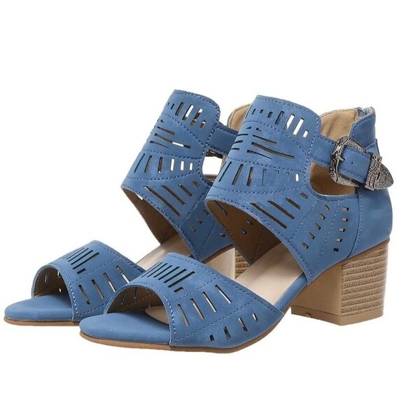 Blue Peep Shootie Open Toe Perforated Sandals Cutout Block Heels Sz 11.5 Sz (44) - Picture 2 of 3